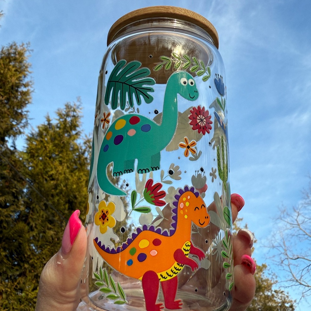 Colorful Dinosaur Glass Jar with Wooden Lid